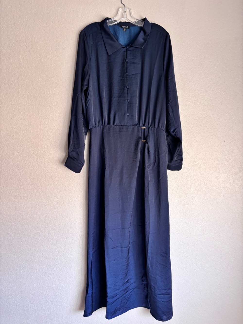 VENUS Navy Button-Front Collar long sleeves high front slit Maxi Dress women’s L - Picture 2 of 13